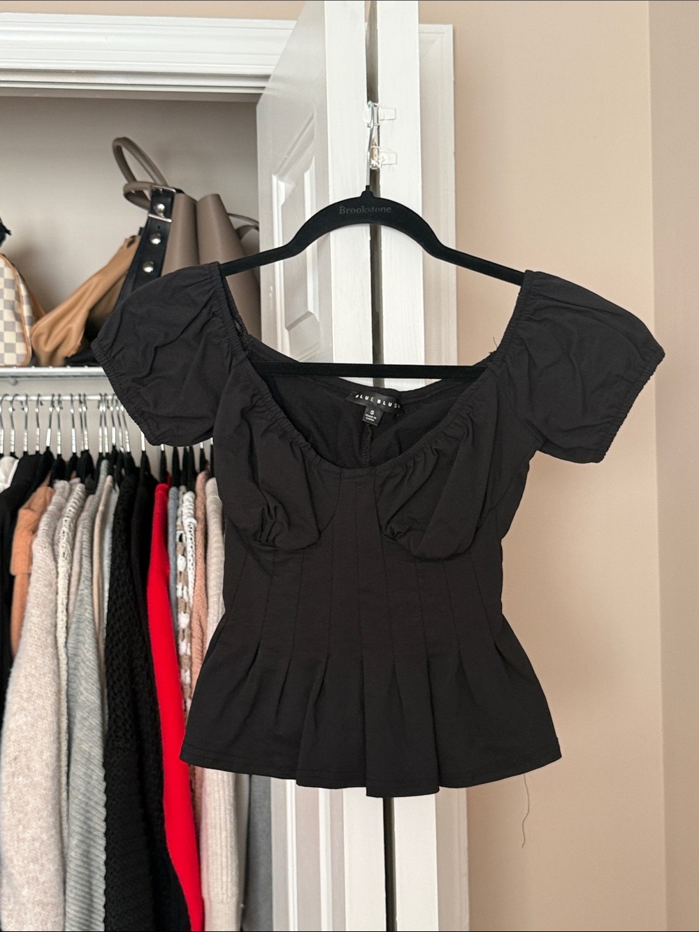 Blue Blush Black Puff-Sleeve Peplum Top